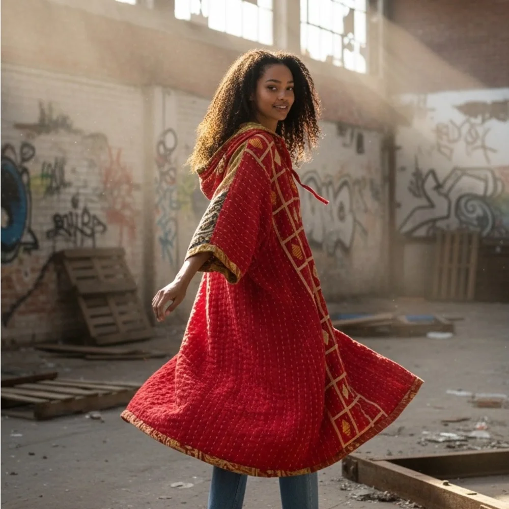 KANTHA Hooded Poncho ITEM 108 BOHO COMFY with pockets, handmade reversible OS - Picture 8 of 9